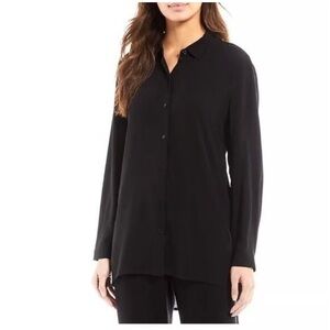 Eileen Fisher 100% Silk Georgette High Low Button Down Long Sleeve Shirt Large